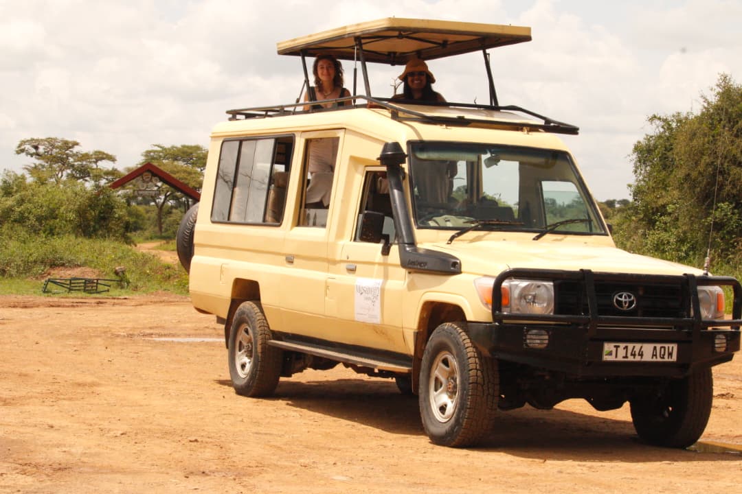 Safari jeep with travelers enjoying wildlife viewing in Tanzania